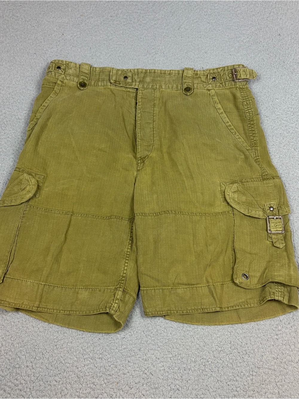 Vtg Polo Ralph Lauren Cargo Shorts 36 Olive Military Buckles Linen Tullah Silk